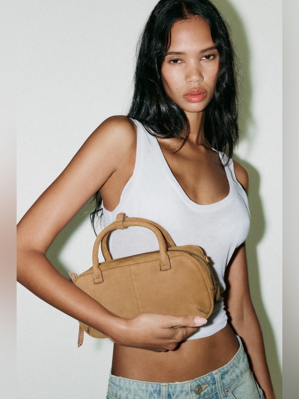 ZARA Mini Split Suede Bowling Bag Sand Brown NWT